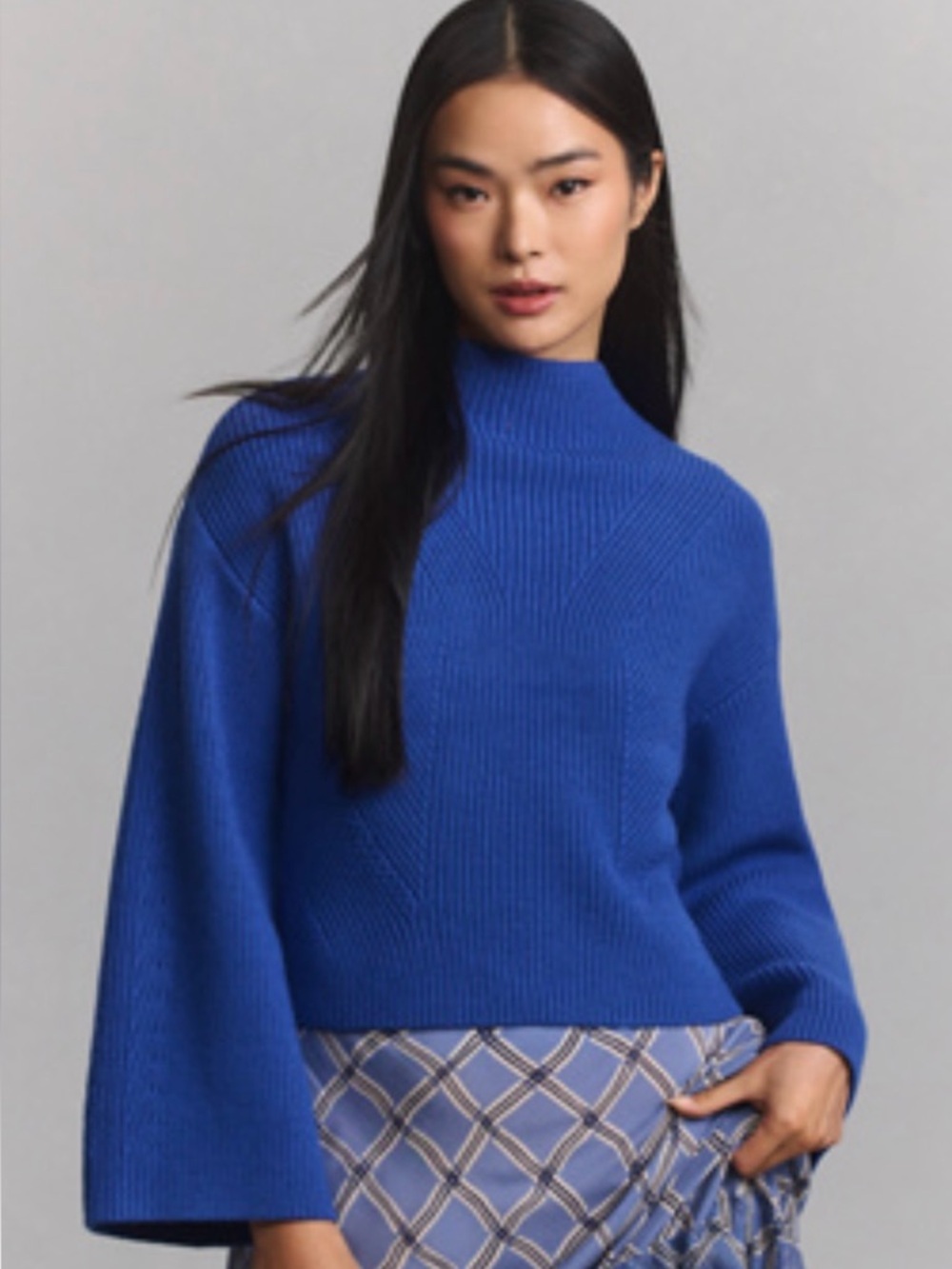 NWT Anthropologie Maeve The Katey Mock-Neck Bell-Sleeve Sweater Blue Small​